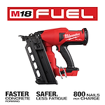 Image of the M18 FUEL Duplex Nailer with the text "M18 FUEL - Faster concrete forming. Safer, less fatigue. 800 nails per charge."