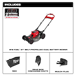 The image shows the M18 FUEL™ 21" Self-Propelled Dual Battery Mower, which includes a bag, a rear side discharge chute, and a mulch plug. The description notes that 2 batteries are required but not included.