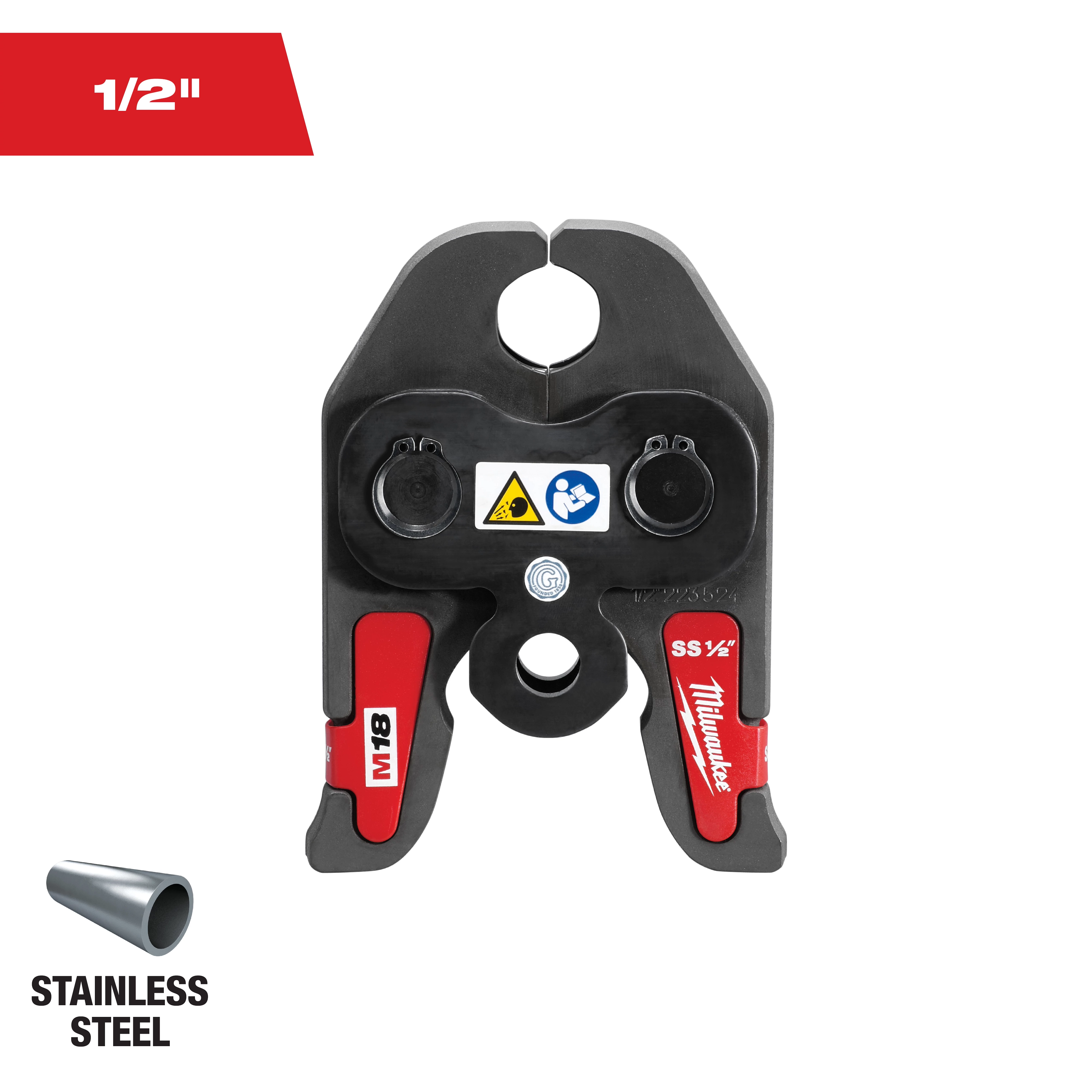 The image shows a Milwaukee Stainless Steel 1/2" M18 press tool. It has a black body with red accents and two circular jaws for pressing pipes. The tool features instructional and safety icons on its front. A pipe segment and "STAINLESS STEEL" text are shown in the bottom left corner.