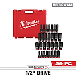 The SHOCKWAVE 1/2 in. Drive SAE and Metric 6 Point Impact Socket Set (29-Piece) includes various sockets with sizes in SAE and Metric measurements in a red Milwaukee carrying case. The set is clearly labeled and organized with sockets displayed in rows.