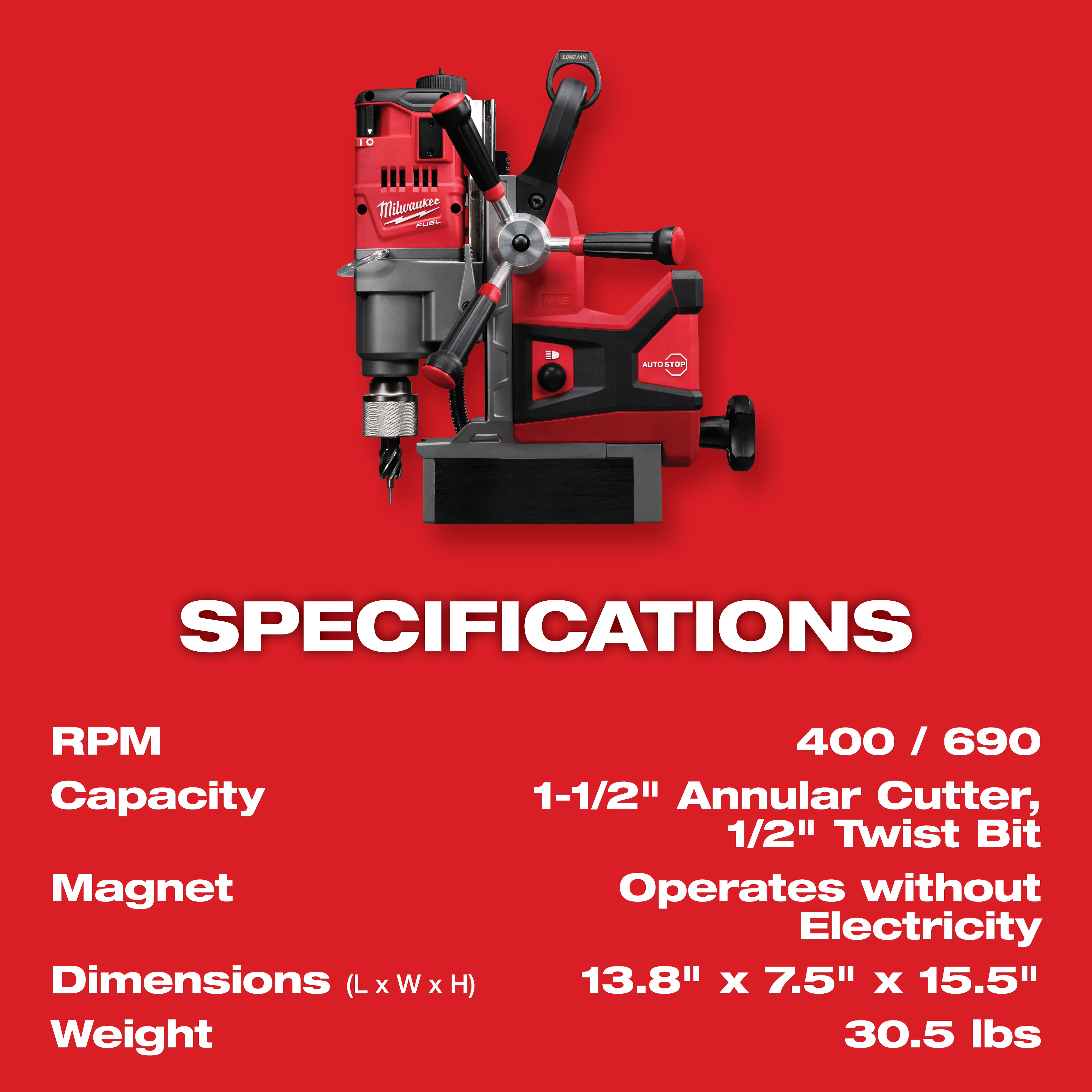 M18 FUEL 1-1/2" Lineman Magnetic Drill Specifications