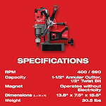 M18 FUEL 1-1/2" Lineman Magnetic Drill Specifications