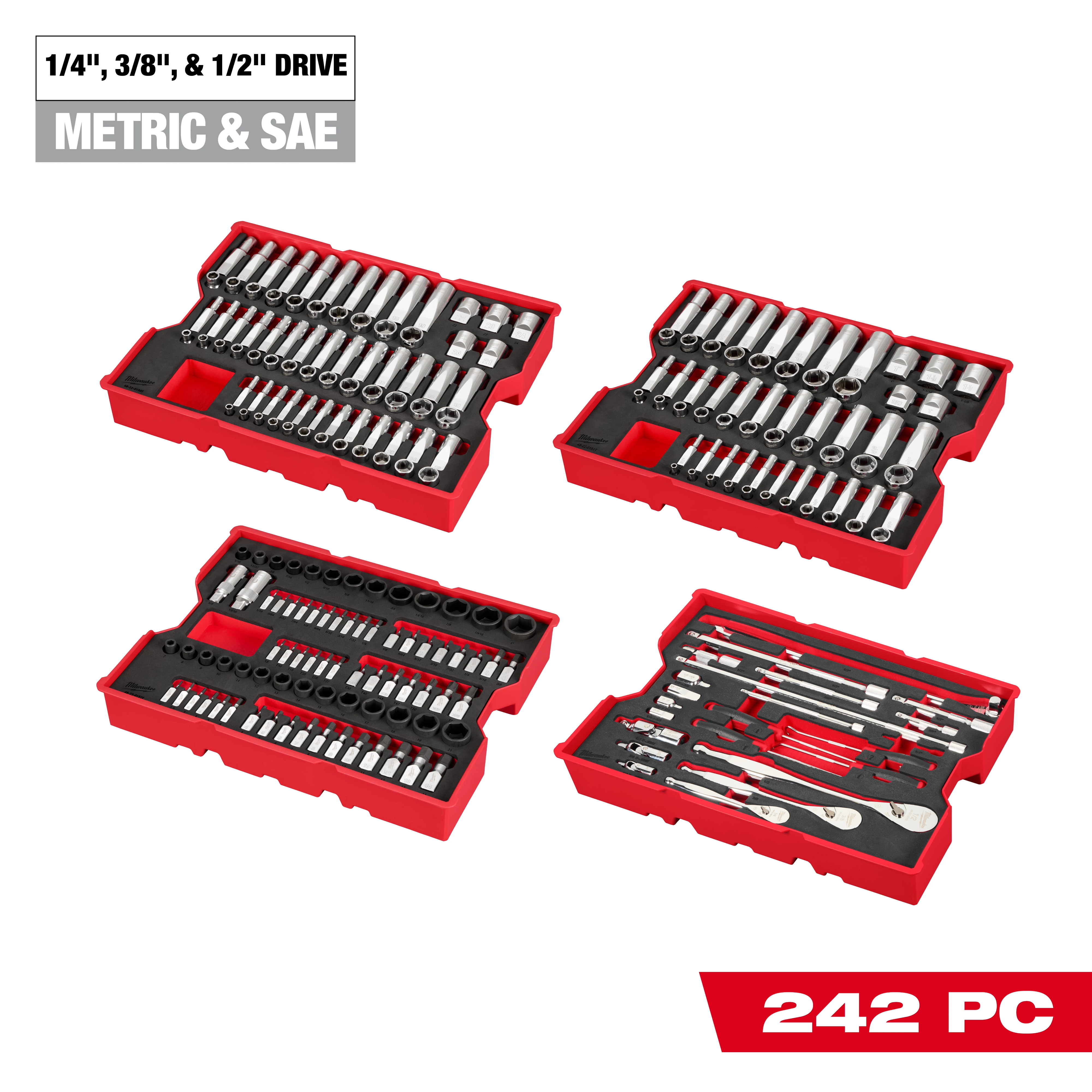 The 242pc. 1/4”, 3/8”, & 1/2” Drive Metric & SAE Ratchet & Socket Set with Trays for PACKOUT™ Drawers is shown partially, featuring organized red trays containing various sizes of sockets and ratchets suitable for metric and SAE measurements.