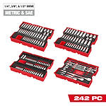 The 242pc. 1/4”, 3/8”, & 1/2” Drive Metric & SAE Ratchet & Socket Set with Trays for PACKOUT™ Drawers is shown partially, featuring organized red trays containing various sizes of sockets and ratchets suitable for metric and SAE measurements.