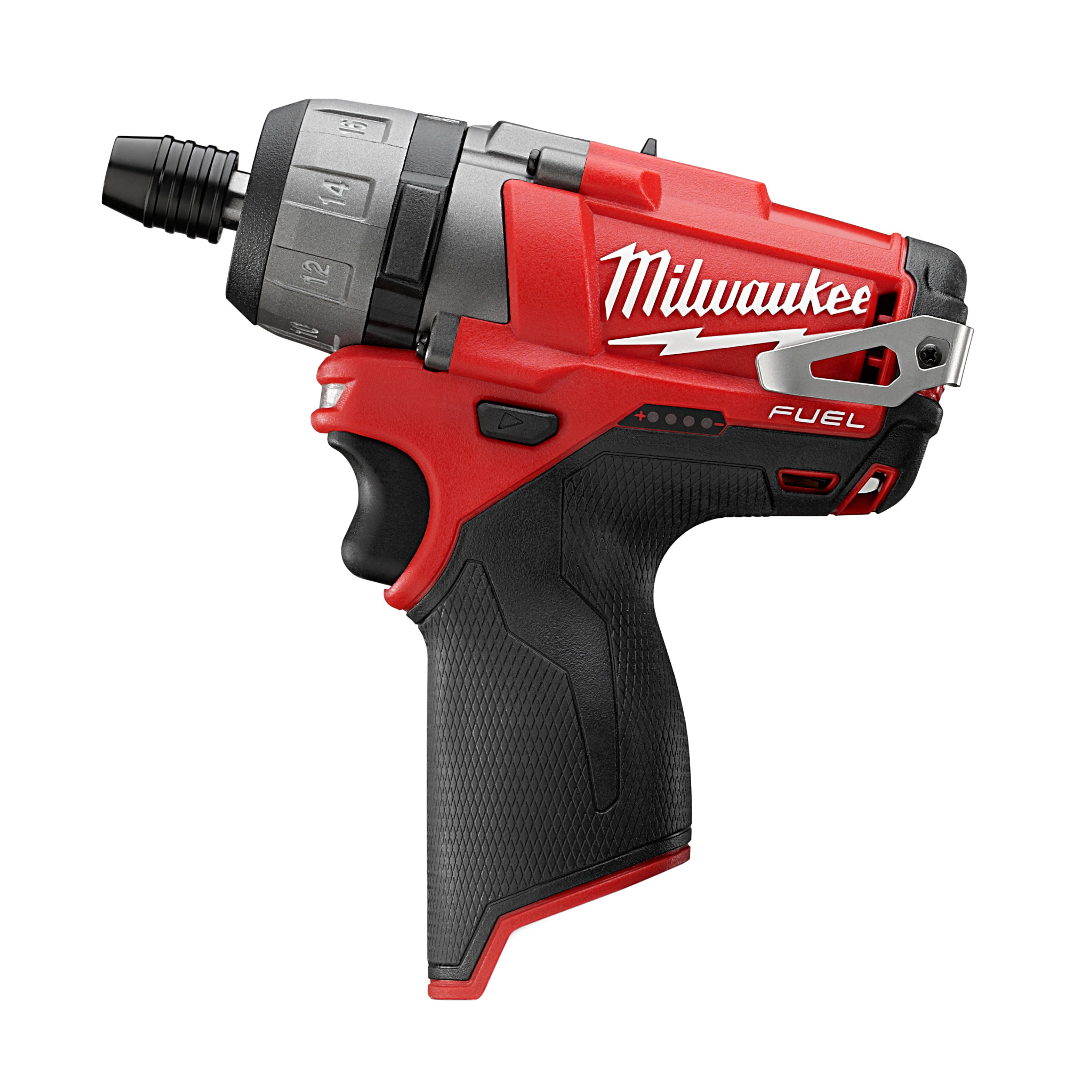 The M12 Fuel 1/4" Hex 2 Speed Screw Driver, 2402, is a compact, red and black power tool with a rubberized grip, hex chuck, and a belt clip. The brand name is prominently displayed on the side.