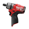 The M12 Fuel 1/4" Hex 2 Speed Screw Driver, 2402, is a compact, red and black power tool with a rubberized grip, hex chuck, and a belt clip. The brand name is prominently displayed on the side.