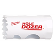 Milwaukee Hole Dozer Bi-Metal Hole Saw, 1-1/8 inch to 1-3/16 inch, with sharp teeth and white body featuring red text.