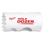 Milwaukee Hole Dozer Bi-Metal Hole Saw, 1-1/8 inch to 1-3/16 inch, with sharp teeth and white body featuring red text.
