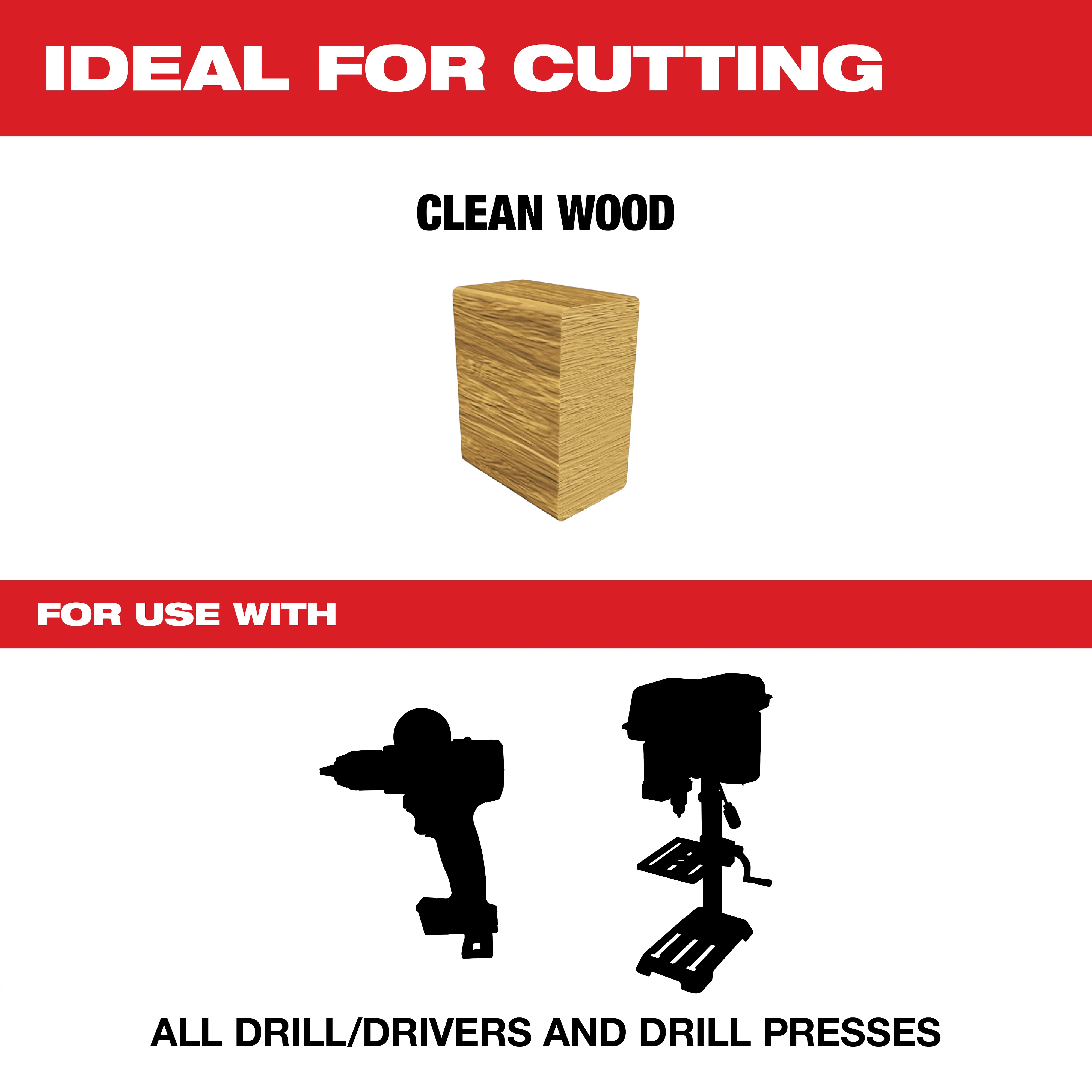 Ideal for cutting clean wood, the product is compatible with all drill drivers and drill presses.