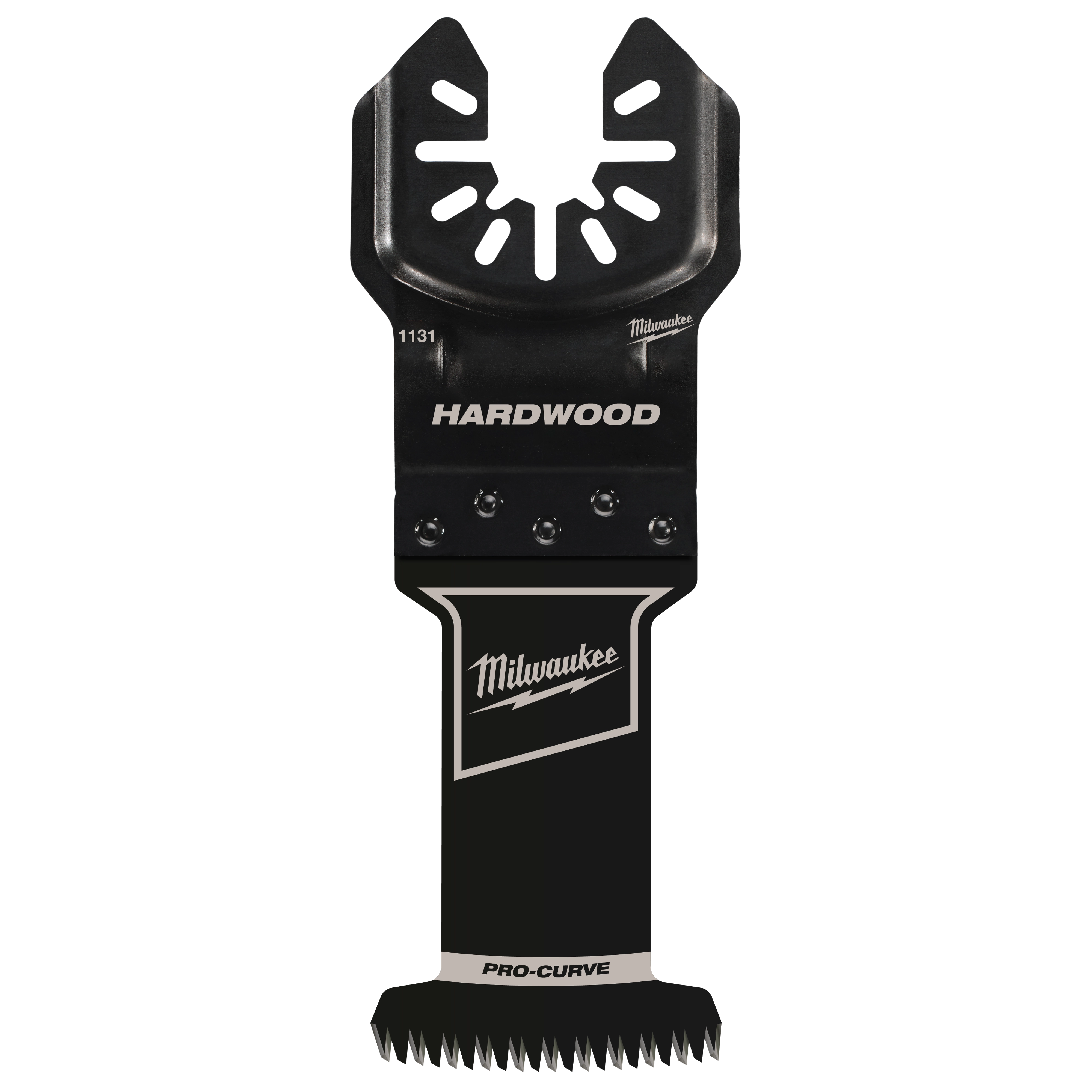 MILWAUKEE OPEN-LOK 1-3/8" HCS Japanese Tooth PRO-CURVE Hardwood Multi-Tool Blade with black body and silver text.