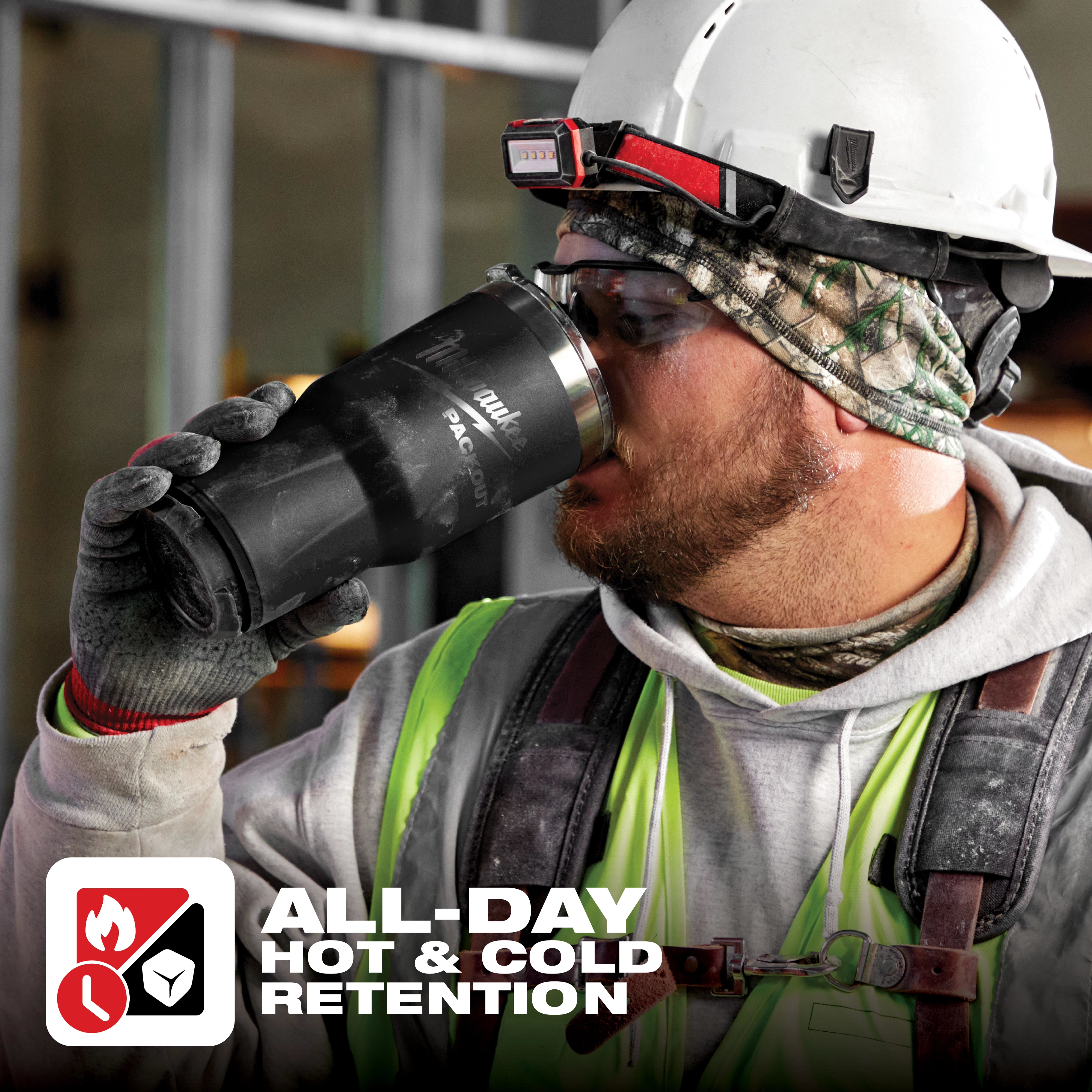 A construction worker drinks from an App%20Shot%20Overlay insulated bottle. "All-Day Hot & Cold Retention" is written at the bottom.
