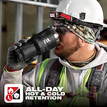 A construction worker drinks from an App%20Shot%20Overlay insulated bottle. "All-Day Hot & Cold Retention" is written at the bottom.