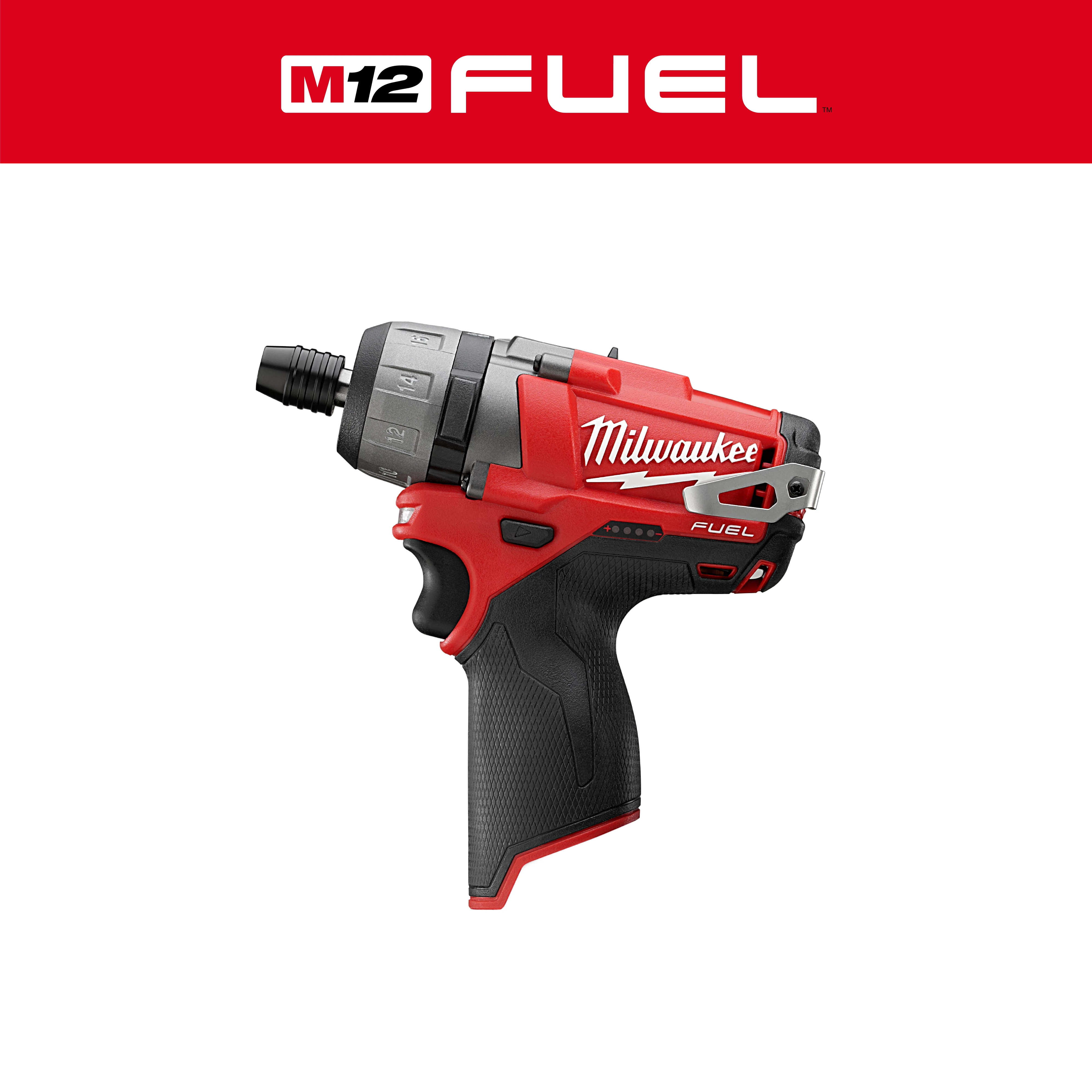 Milwaukee M12 FUEL 1/4" Hex 2-Speed Screwdriver, in red and black, featuring ergonomic grip, belt clip, and adjustable speed settings.