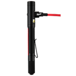 MILWAUKEE® RECHARGEABLE 250L PENLIGHT W/ LASER features a black cylindrical design with textured grip. It has a clip for attaching to pockets and a laser pointer integrated. The penlight is rechargeable and includes a red charging cable connected at the top.