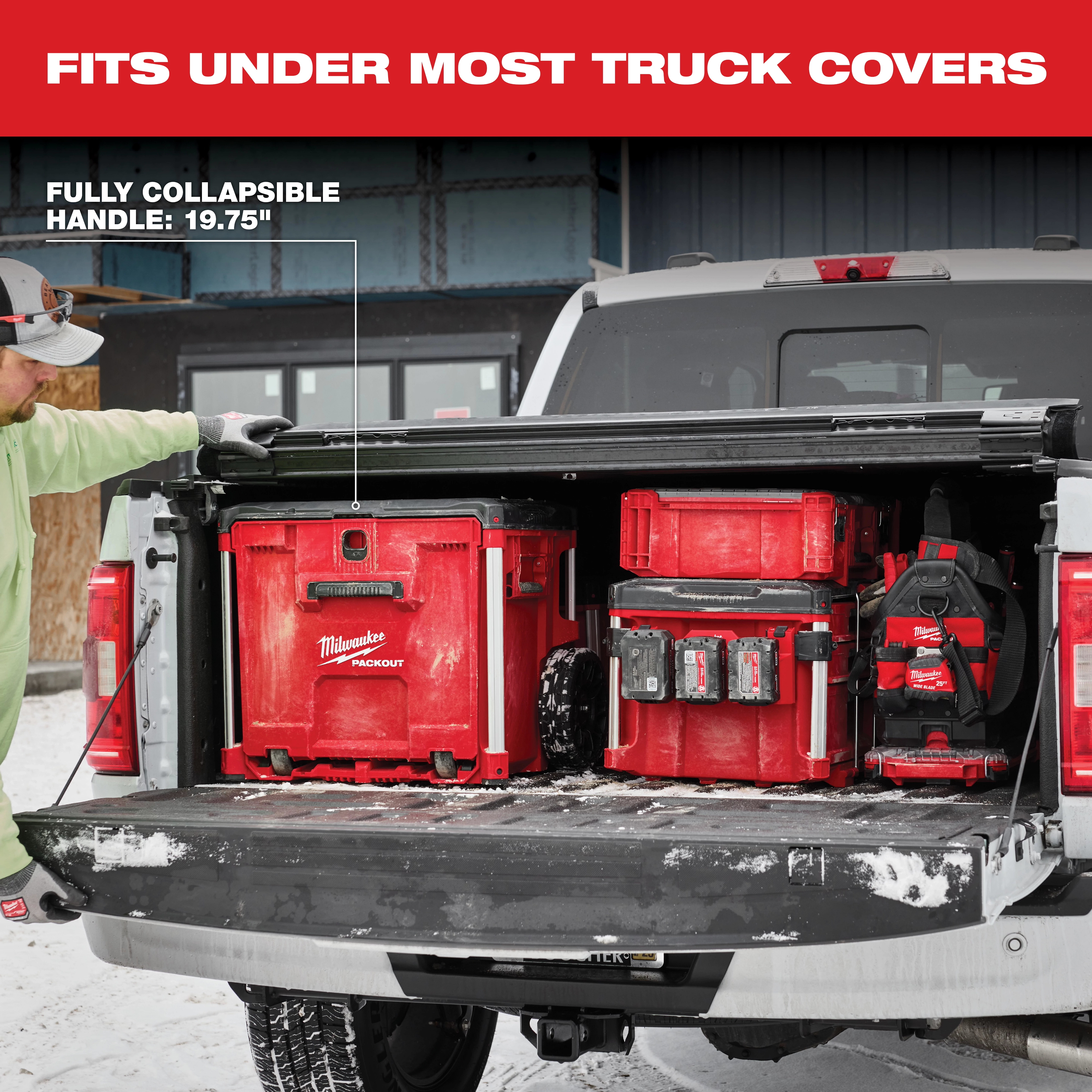 The App%20Shot%20Feature box, labeled "Fully Collapsible Handle: 19.75 inches," fits neatly under most truck covers in a red truck bed.