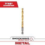 The Shockwave 7/32 in. Titanium Drill Bit has a gold-colored titanium coating and hex shank for durability and grip, designed for metal impact duty. It is shown against a white background with text indicating its diameter and metal usage.