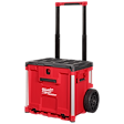 The PACKOUT™ Rolling Drawer Tool Box is a red and black portable tool storage unit with large wheels and a telescoping handle, designed by Milwaukee.