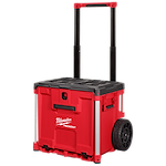 The PACKOUT™ Rolling Drawer Tool Box is a red and black portable tool storage unit with large wheels and a telescoping handle, designed by Milwaukee.