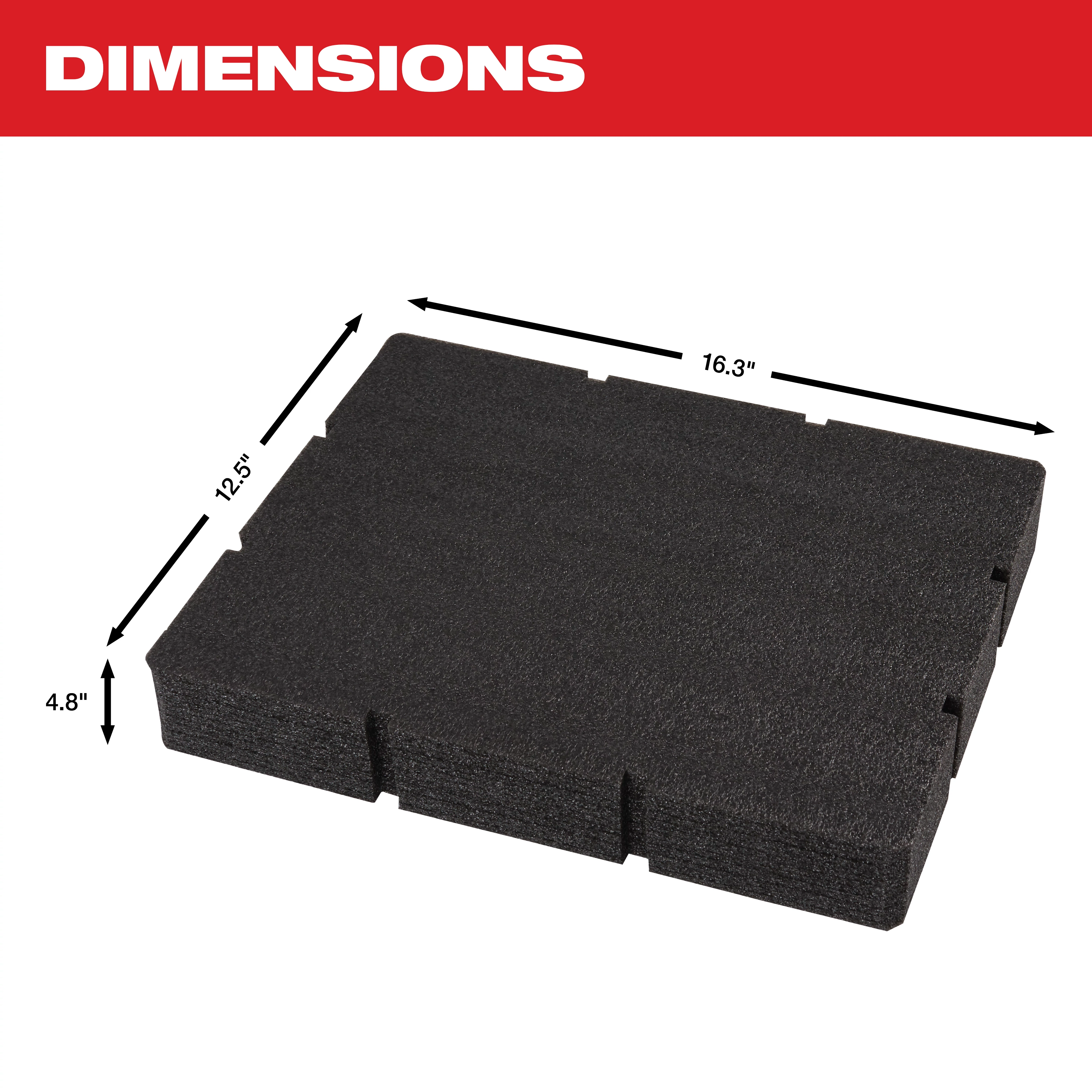 Black foam insert with dimensions 16.3 inches long, 12.5 inches wide, and 4.8 inches high, shown against a white background.