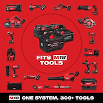 Milwaukee M18 system featuring multiple M18 REDLITHIUM batteries, surrounded by various M18 cordless tools including drills, saws, lights, and vacuums. The image highlights the compatibility of M18 batteries with over 300 tools. Text reads, “FITS M18 TOOLS” and “ONE SYSTEM, 300+ TOOLS.”