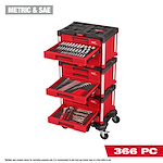 The 366pc. Master Mechanics Hand Tool Set with PACKOUT™ Drawers and Dolly includes red tool drawers on a wheeled dolly. The image showcases three open drawers containing a variety of tools, such as sockets, wrenches, and screwdrivers. The label "Metric & SAE" is visible, specifying measurement units.