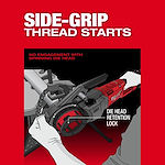 The M18 FUEL™ Pipe Threader w/ ONE-KEY™ features a side-grip thread start with a die head retention lock. The poster highlights "No engagement with spinning die head" and illustrates proper hand positioning during use.