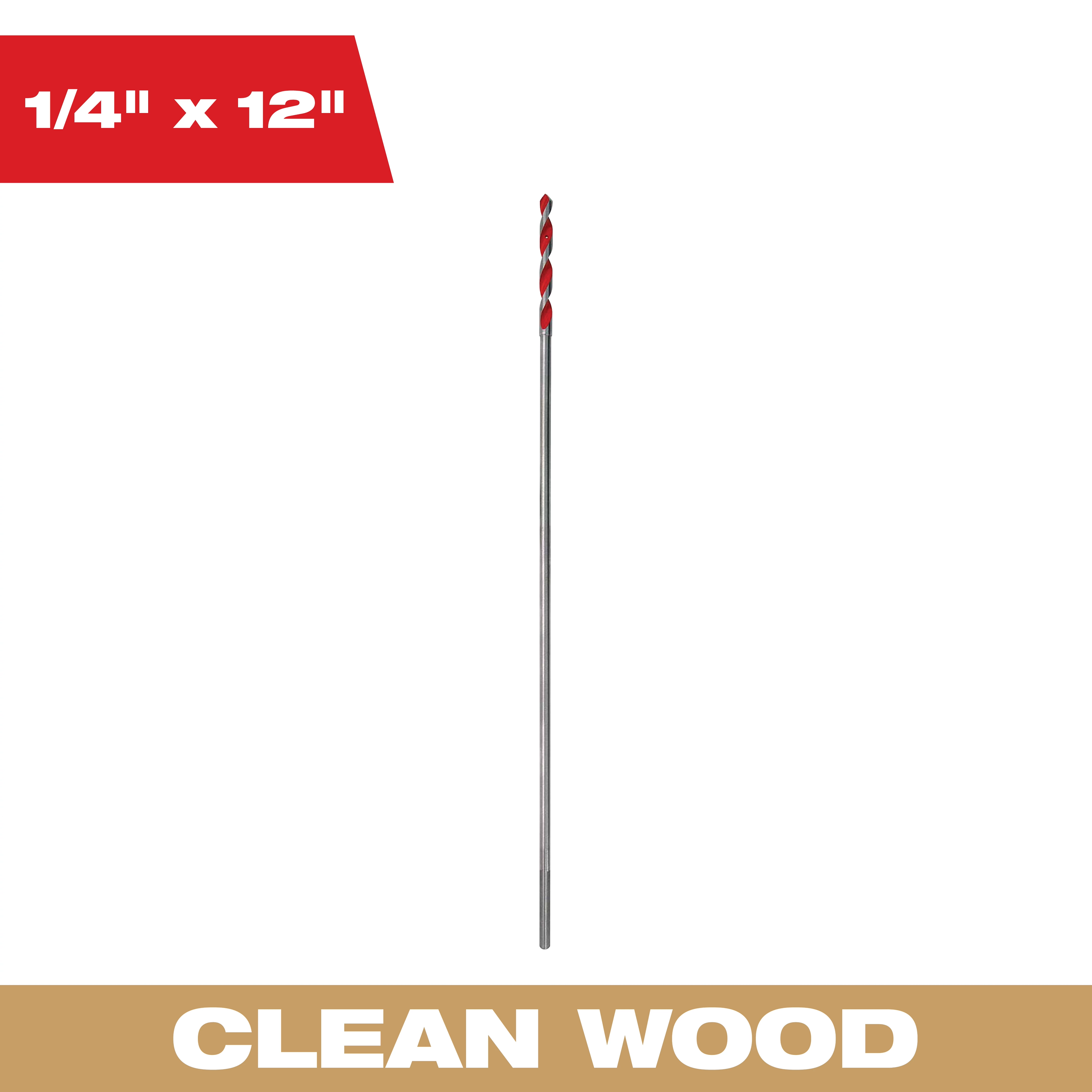 The 1/4 x 12 Inch Bellhanger Bit is a long, slender drill bit suitable for clean wood drilling. It features a red and silver design, indicating its specialized use.