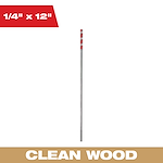 The 1/4 x 12 Inch Bellhanger Bit is a long, slender drill bit suitable for clean wood drilling. It features a red and silver design, indicating its specialized use.