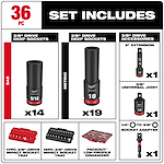 The Milwaukee 36-Piece SAE and Metric Impact Socket Set includes 14 SAE deep sockets, 19 metric deep sockets, a 3" extension, a 3/8" universal joint, a 1/4" to 3/8" socket adapter, two impact socket trays, and a low-profile organizer.