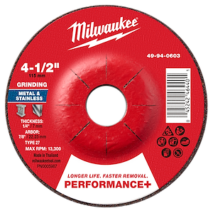 4-1/2" x 1/4" x 7/8" Performance+ Metal Grinding Wheel - Type 27 for grinding metal and stainless, with a red center.