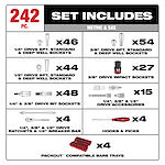 242pc. 1/4”, 3/8”, & 1/2” Drive Metric & SAE Ratchet & Socket Set with Trays for PACKOUT™ Drawers includes 46 1/4” sockets, 54 3/8” sockets, 44 1/2” sockets, 27 impact sockets, 48 bit sockets, 15 drive accessories, 4 ratchets, 4 hooks, and 4 PACKOUT™ trays.