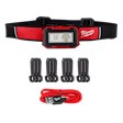 The Milwaukee® Rechargeable Magnetic Headlamp and Task Light set includes a red and black headlamp, four mounting clips, and a red USB charging cable. The headlamp features an LED light with a protective casing and an adjustable head strap.