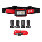 The Milwaukee® Rechargeable Magnetic Headlamp and Task Light set includes a red and black headlamp, four mounting clips, and a red USB charging cable. The headlamp features an LED light with a protective casing and an adjustable head strap.