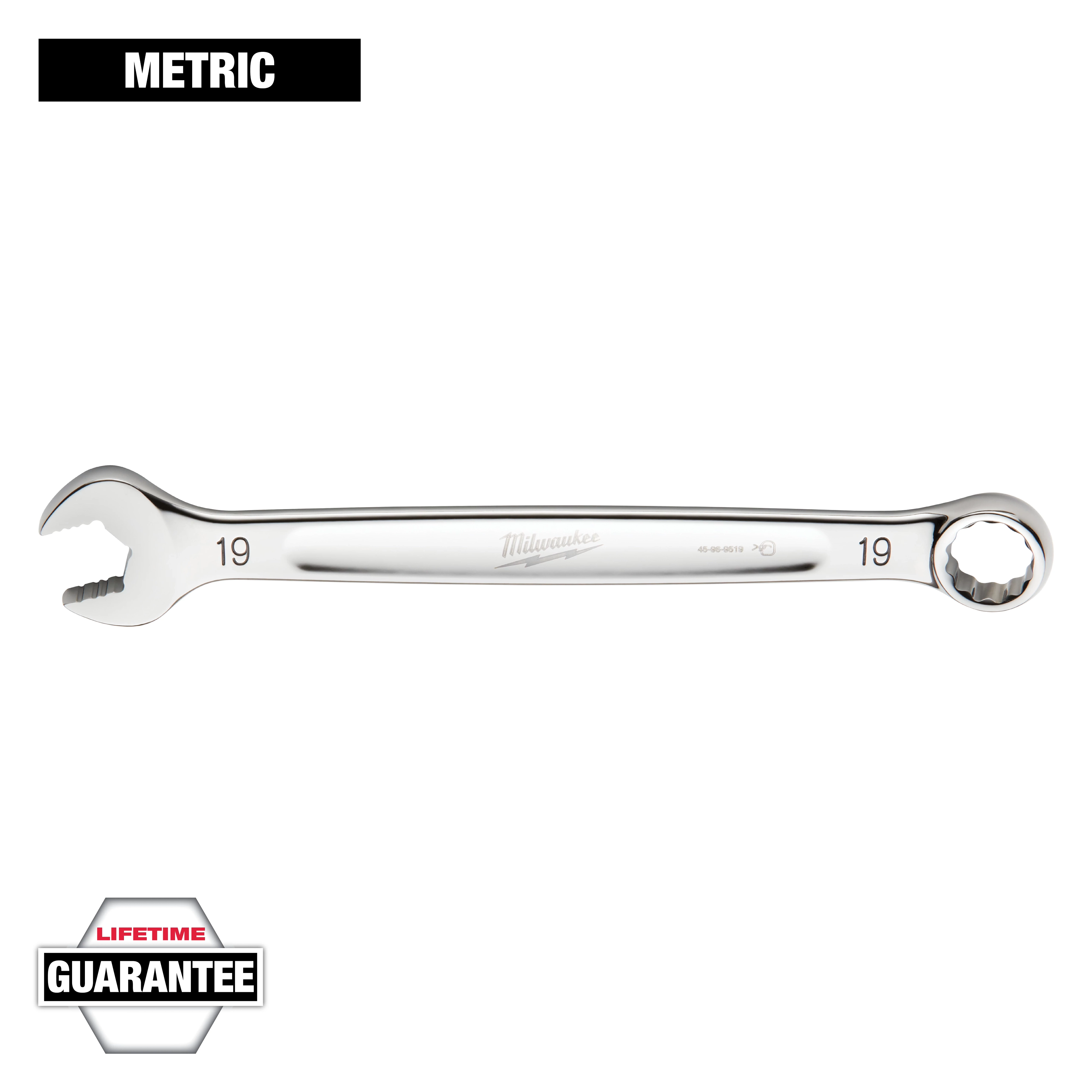 The image shows a Milwaukee 19mm metric combination wrench with an open-ended side and a box-end side. The wrench has a chrome finish and features a "Lifetime Guarantee" badge in the bottom left corner.