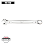 The image shows a Milwaukee 19mm metric combination wrench with an open-ended side and a box-end side. The wrench has a chrome finish and features a "Lifetime Guarantee" badge in the bottom left corner.