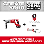 M18 Brushless 1” SDS Plus D-Handle Rotary Hammer displayed with text about OSHA compliance when paired with dust solution accessory.