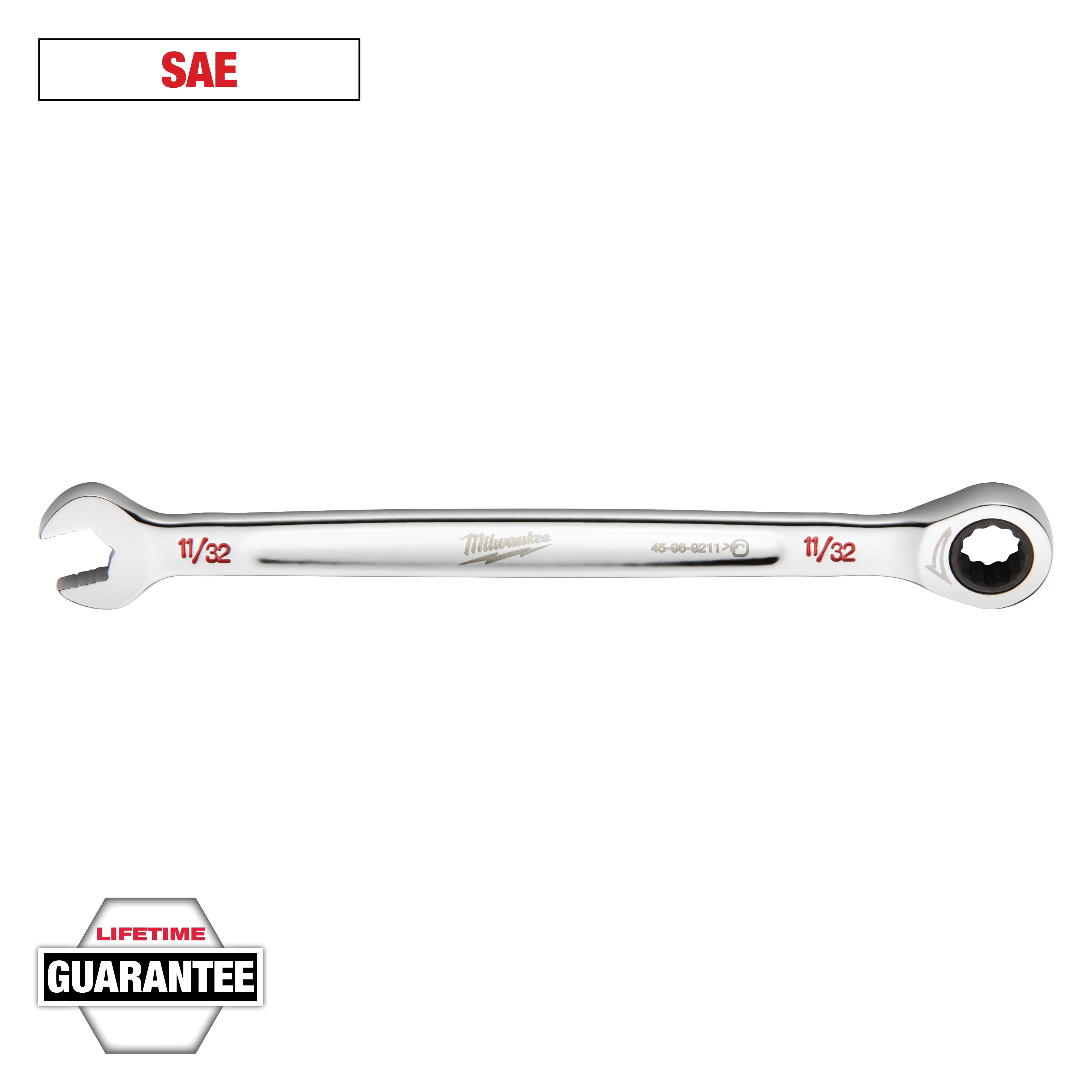 The image shows a Milwaukee 11/32 inch SAE wrench featuring an open end on the left side and a ratcheting box end on the right. The wrench is chrome-finished and includes a Lifetime Guarantee label at the bottom.