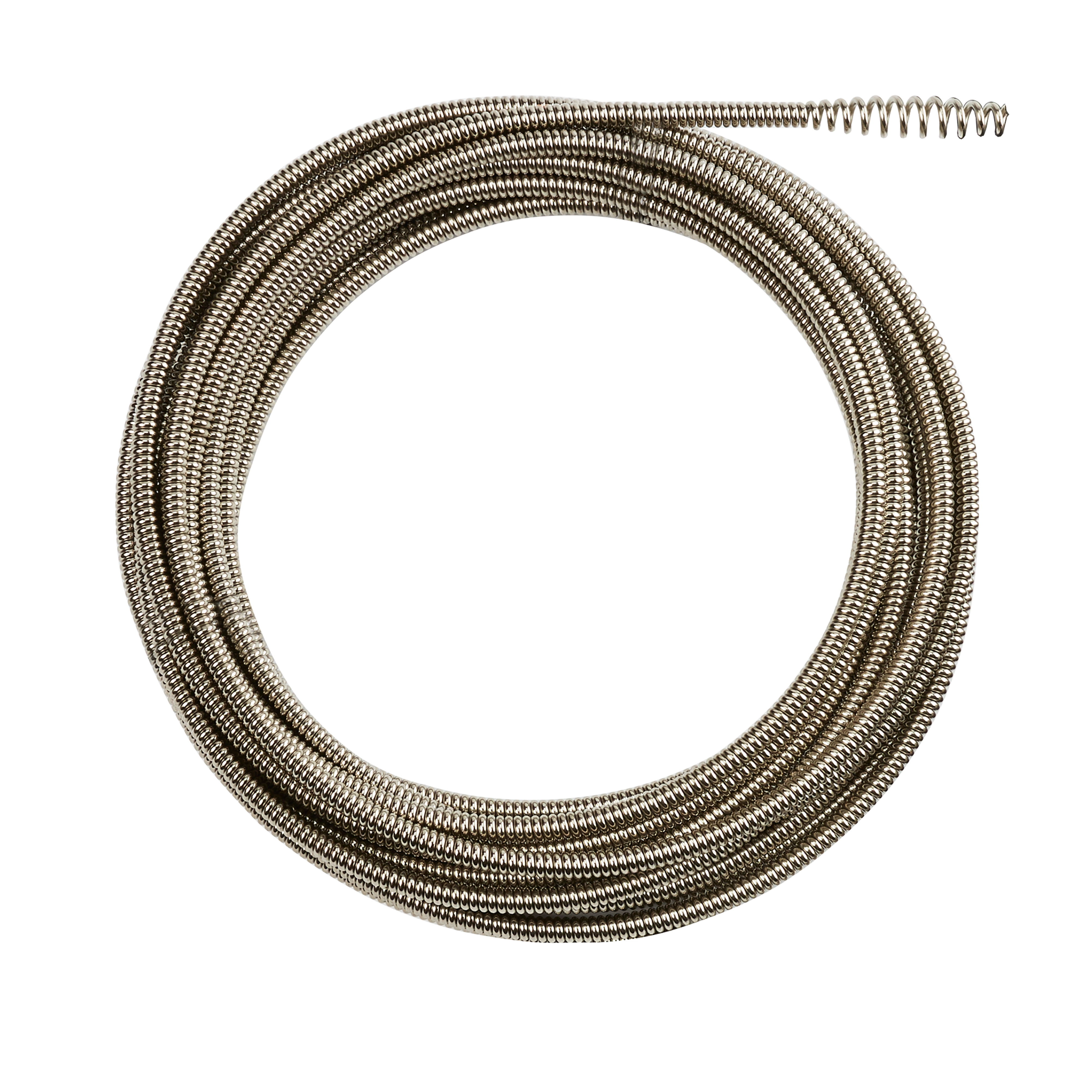 The 5/16" x 35' DRAIN CABLE is a coiled metal cable used for plumbing purposes. It is designed to unclog drains and pipes, featuring a tightly wound spiral construction for effective performance.