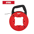 1/8" 25' Steel Fish Tape with black handle and red circular case, featuring cutouts and branding on the front.