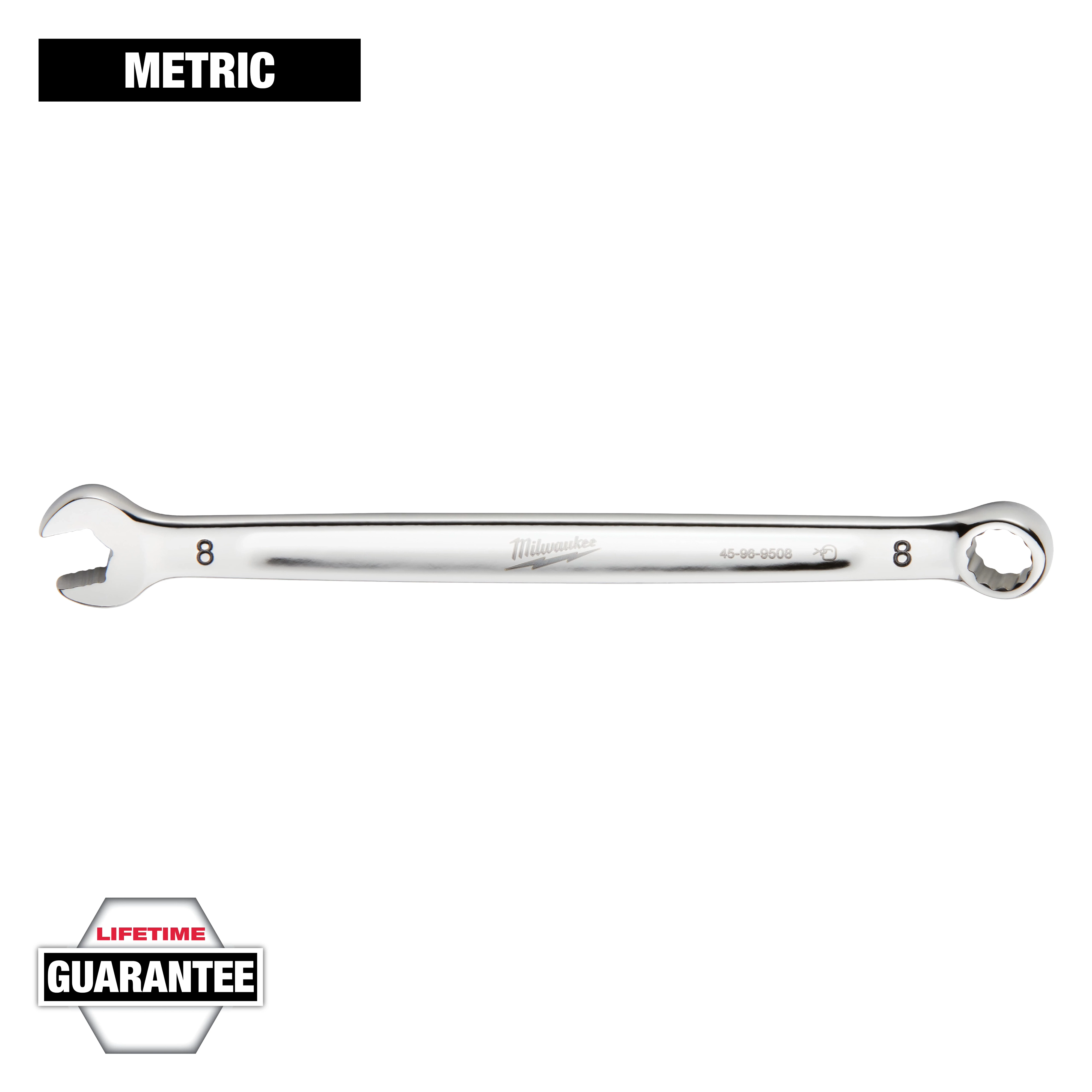 This image features a Milwaukee metric wrench, size 8, with an open-end and a box-end. The lifetime guarantee badge is displayed in the bottom left corner. The word "METRIC" is shown at the top. The tool's polished metal surface is visible against a white background.
