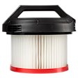The HEPA Filter is a cylindrical air filter with a black, plastic top handle and pleated white paper with a red base.
