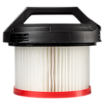 The HEPA Filter is a cylindrical air filter with a black, plastic top handle and pleated white paper with a red base.
