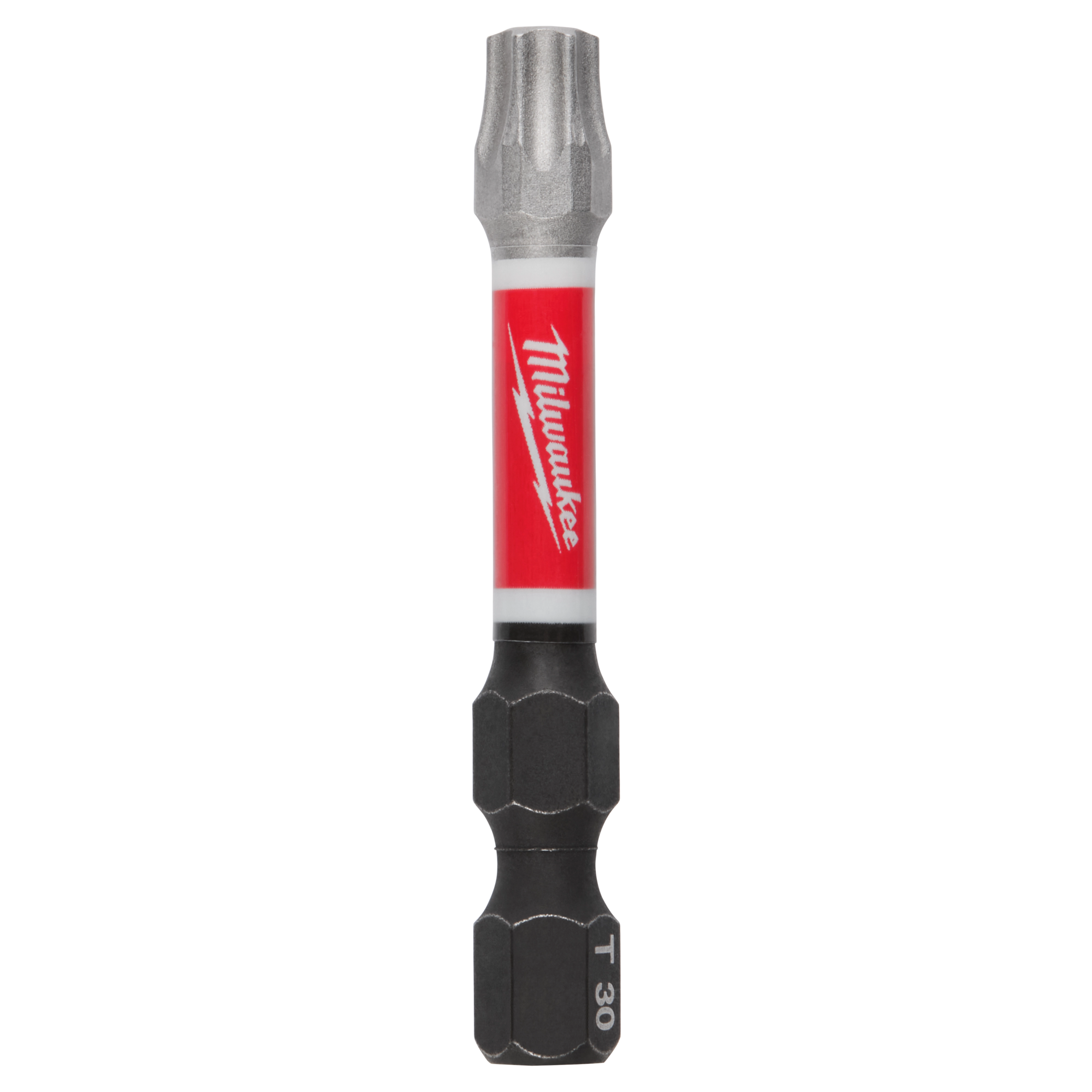 The image displays a SHOCKWAVE™ 2" Impact Duty TORX® T30 Power Bit by Milwaukee. It has a hexagonal base with a red and black design, and the Milwaukee logo is visible on the red section.