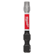 The image displays a SHOCKWAVE™ 2" Impact Duty TORX® T30 Power Bit by Milwaukee. It has a hexagonal base with a red and black design, and the Milwaukee logo is visible on the red section.