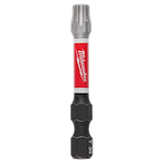 The image displays a SHOCKWAVE™ 2" Impact Duty TORX® T30 Power Bit by Milwaukee. It has a hexagonal base with a red and black design, and the Milwaukee logo is visible on the red section.
