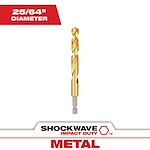 The Shockwave 25/64 in. Titanium Drill Bit is shown with a 25/64" diameter, designed for metal impact duty. It features a hex shank and titanium coating for durability and sharper, longer-lasting performance. Text areas are highlighted for specifications and branding.