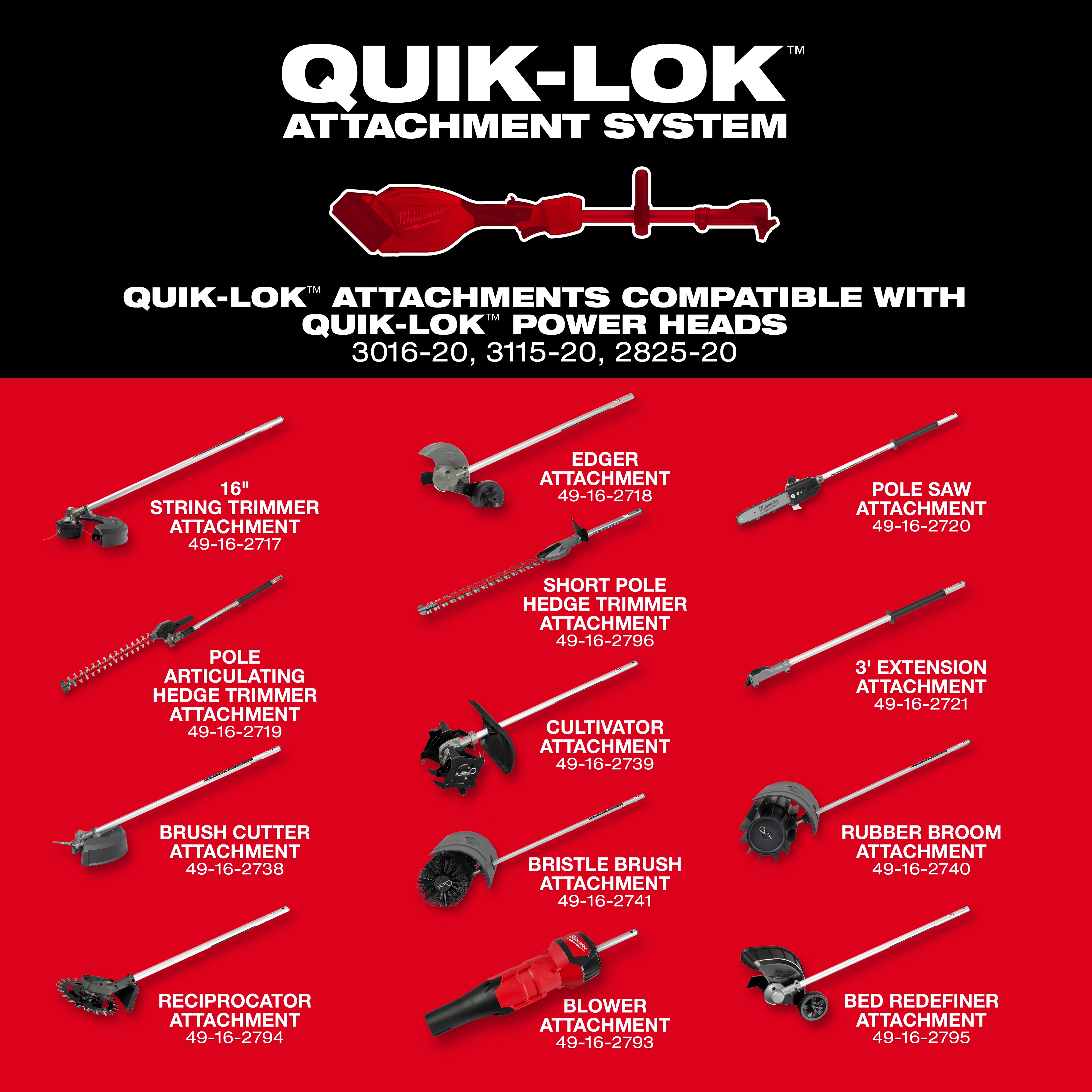 Red QUIK-LOK attachment system layout displaying labeled outdoor tool attachments on a black and red background.