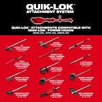 Red QUIK-LOK attachment system layout displaying labeled outdoor tool attachments on a black and red background.