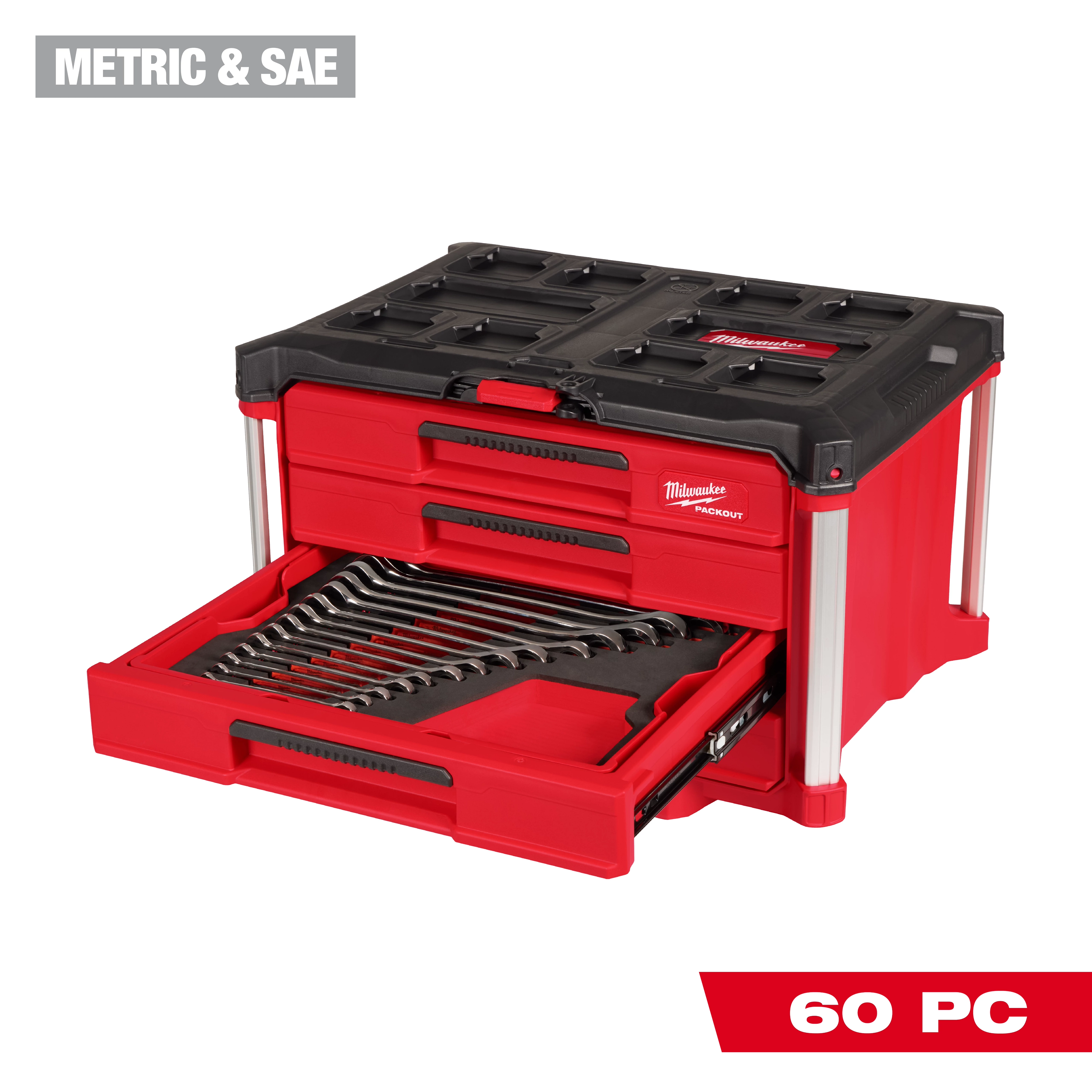 The 60pc. Metric & SAE Combination Wrench Set with PACKOUT™ 4 Drawer Tool Box features a red tool chest with four drawers. One drawer is open, displaying organized wrenches. The top is black with a handle and supports modular PACKOUT™ storage solutions.