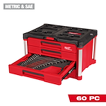 The 60pc. Metric & SAE Combination Wrench Set with PACKOUT™ 4 Drawer Tool Box features a red tool chest with four drawers. One drawer is open, displaying organized wrenches. The top is black with a handle and supports modular PACKOUT™ storage solutions.